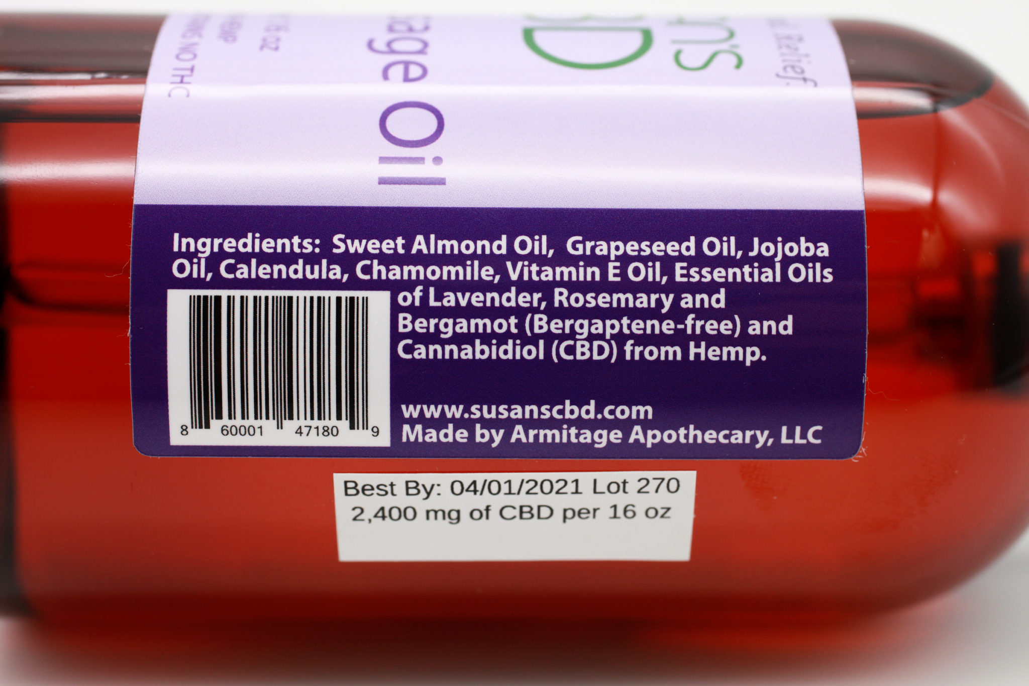 Hemp CBD Massage Oil 16 oz 2,400 mg of CBD Susan's CBD